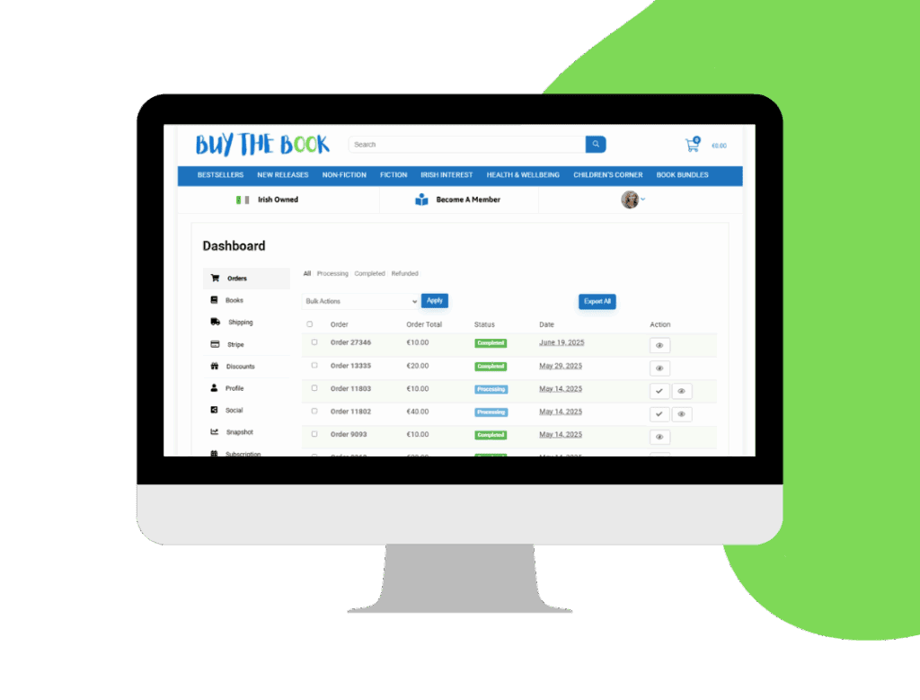 Dashboard on buythebook.ie allowing authors to manage their orders and control their pricing