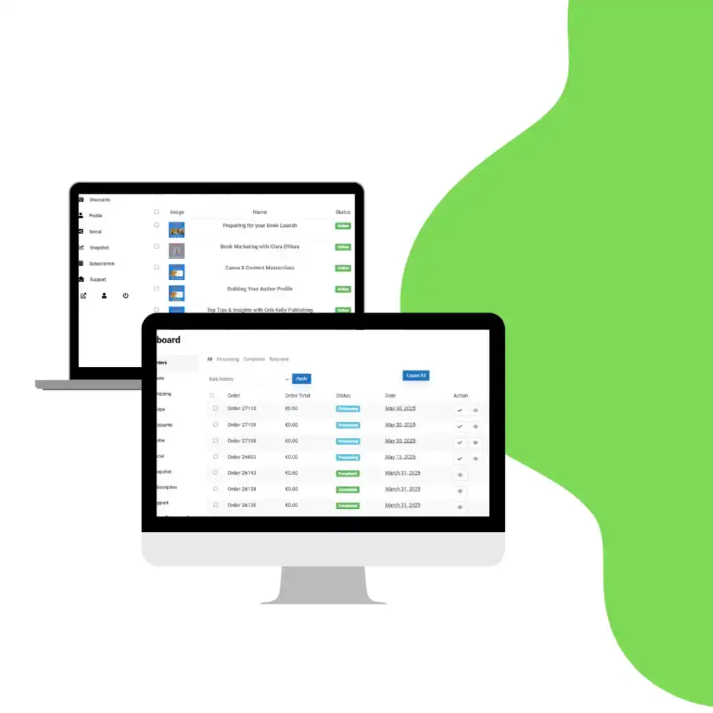 Dashboard showing orders screen where authors have full transparency of their orders on buythebook.ie.